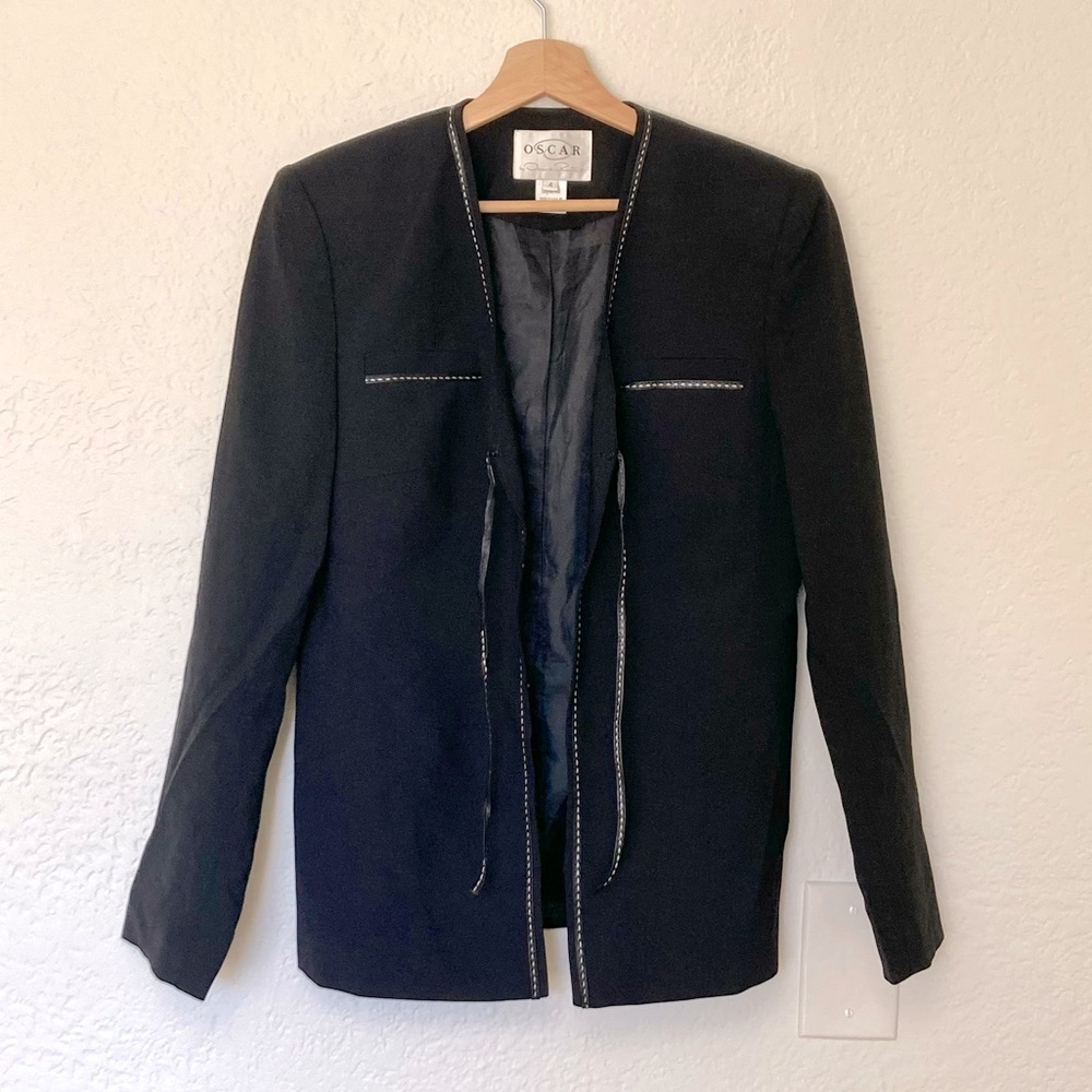 Oscar by Oscar De La Renta Black Blazer Jacket with Leather Trim, Size 4